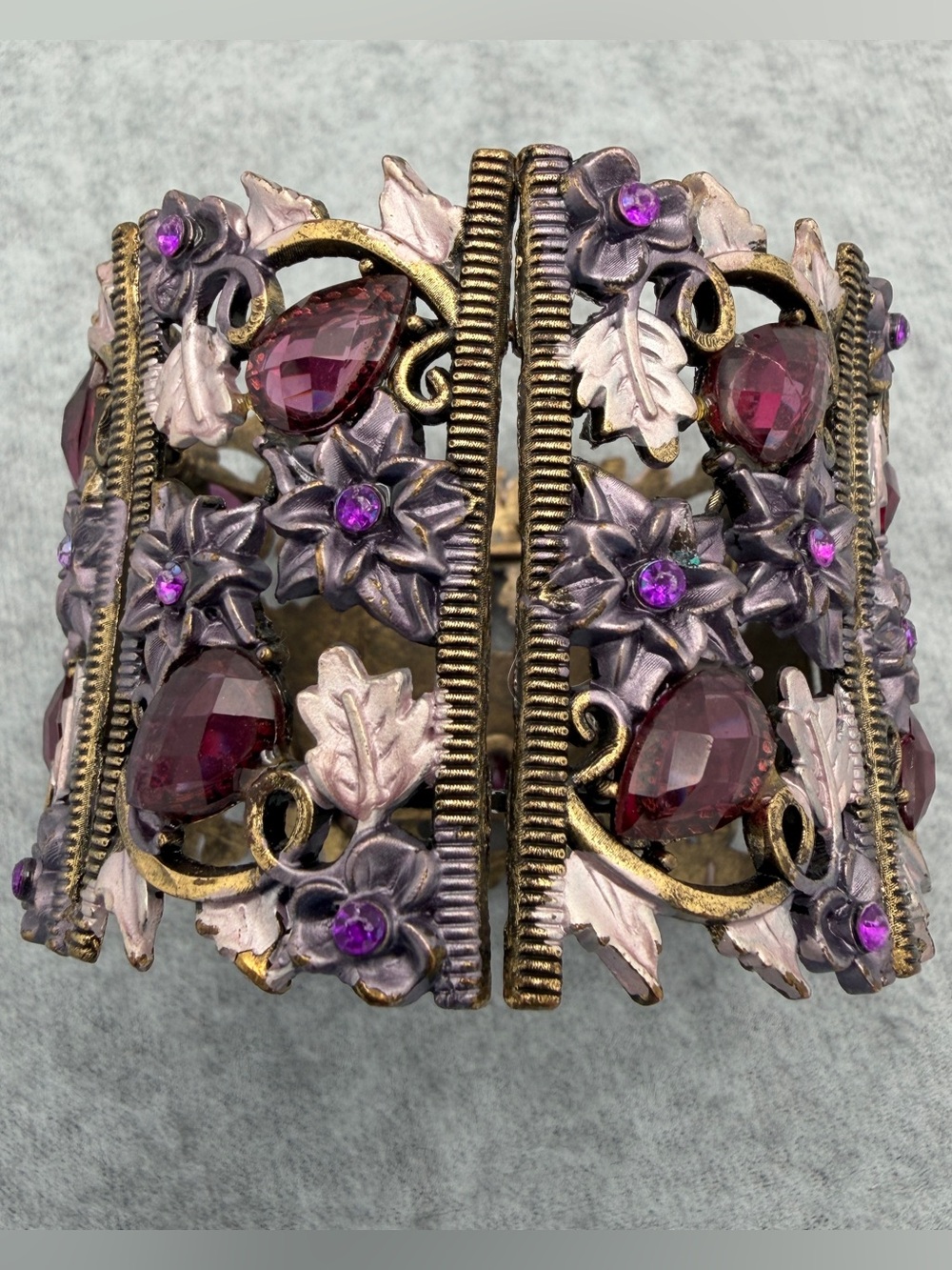 Vintage Purple Floral Rhinestone Clamper Cuff Bracelet